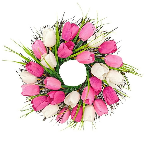 Nmdmisc 12" Tulip Wreath for Front Door,Spring Summer Silk Wreath with Green Leaves Artificial Tulip Flower Wreaths for All Seasons Window Wall Wedding Mother's Day Decor