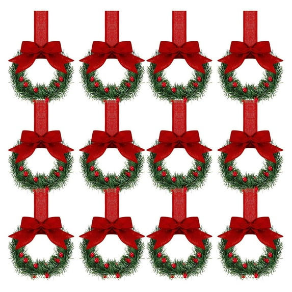 Nmdmisc 12Pcs Christmas Kitchen Cabinet Wreaths with Ribbon Mini Christmas Wreath Xmas Small Cabinet Wreaths for Window Door Chair Wall Christmas Decoration (Red)