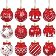 Honeeladyy 12Pcs Red and White Christmas Ball Hanging Ornaments Set - Festive Holiday Tree Decorations with Merry Christmas,Snowflakes,Reindeer,and Santa Designs