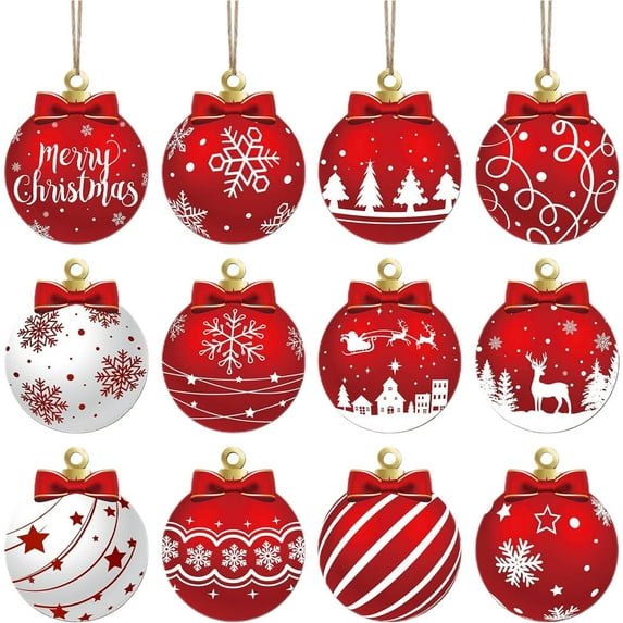 Nmdmisc 12Pcs Red and White Christmas Ball Hanging Ornaments Set - Festive Holiday Tree Decorations with Merry Christmas,Snowflakes,Reindeer,and Santa Designs