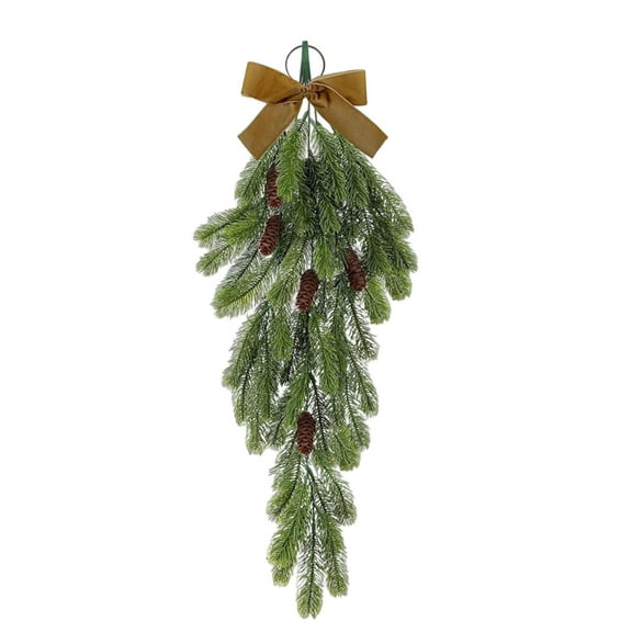 Nmdmisc 1Pcs Christmas Teardrop Swags Winter Rustic Pine Needles Swag with Pine Cones Velvet Bow Artificial Christmas Greenery Hanging Garland for Home Decor(Brown)