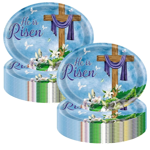 Nmdmisc 25Pcs He is Risen Oval Paper Plates 10.6" X 12.6" Disposable Plates Easter Cross Paper Plates Easter Tableware for Spring Lily Floral Religion Christ Easter Day Party Decorations