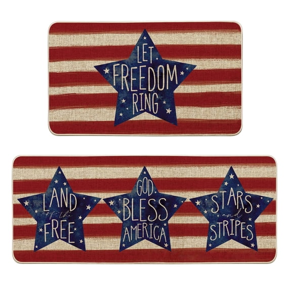 Nmdmisc 2Pcs Patriotic Kitchen Mats Stripes Stars Kitchen Rugs 4th of July Non Slip Rectangle Doormats Large Red Blue Floor Mat for Independence Memorial Day,24*16 in + 47*16 in