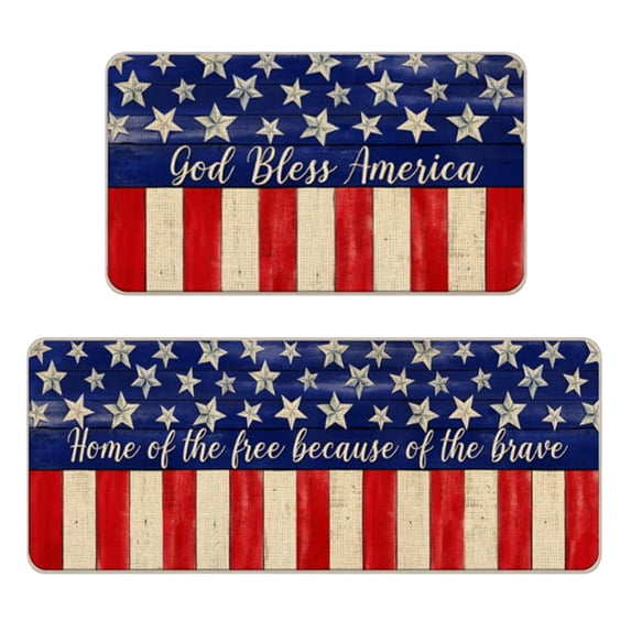 Nmdmisc 2Pcs Patriotic Kitchen Mats Stripes Stars Kitchen Rugs 4th of July Non Slip Rectangle Doormats Large Red Blue Floor Mat for Independence Memorial Day,24*16 in + 47*16 in
