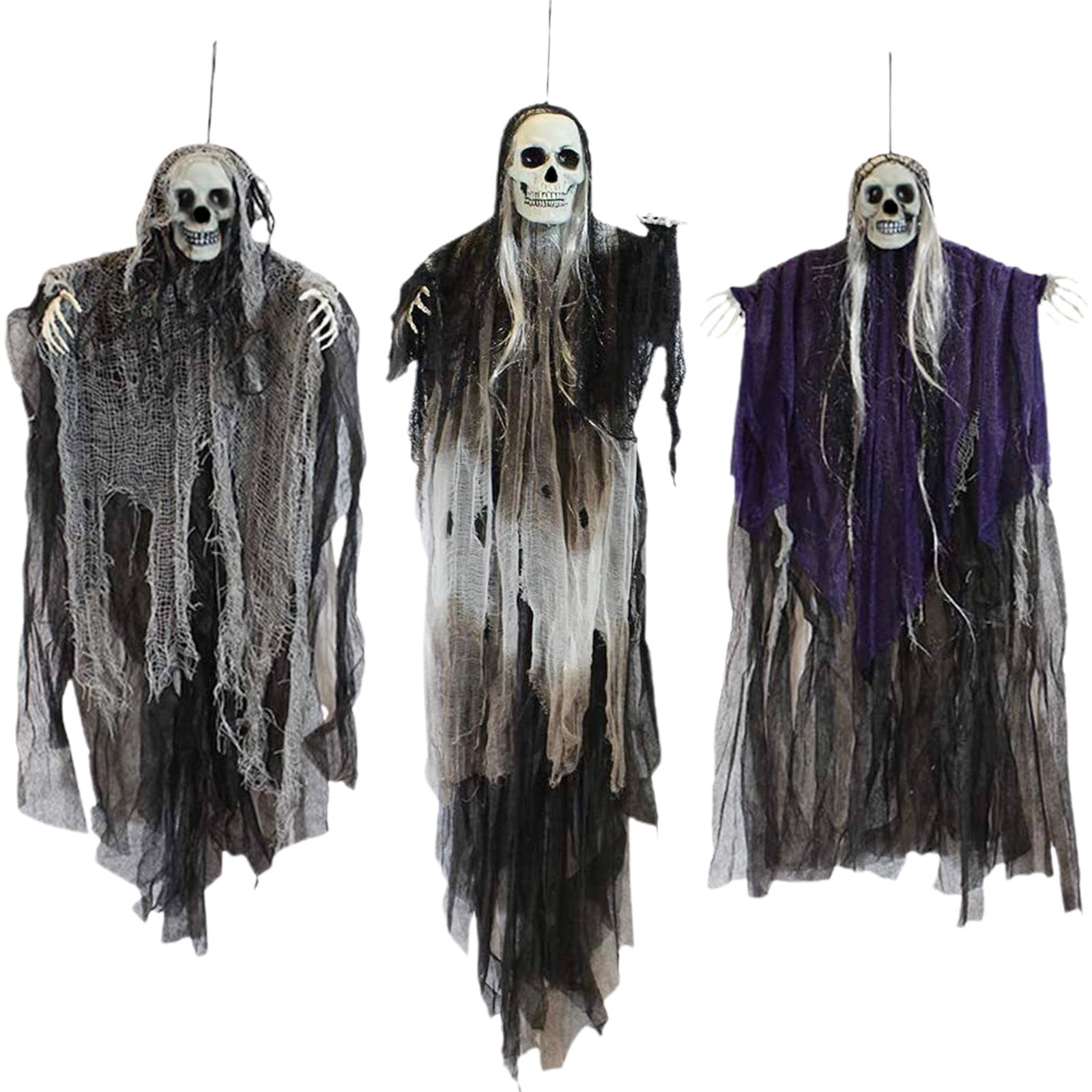 Set of 3 Hanging Halloween Skeleton Ghosts in Black and Gray Plastic