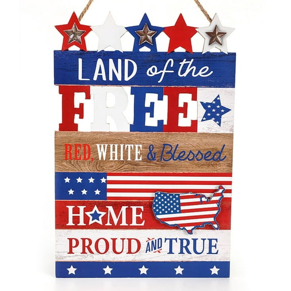 Nmdmisc 4th of July Decorations Patriotic Wall Decor Memorial Day Wooden Hanging Sign Rustic Red White Blue USA Stars Door Wood Hanging Plaque for Front Door Porch Home
