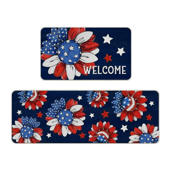Nmdmisc 4th of July Kitchen Mats Set of 2, Independence Day Home Decor Patriotic Liberty Low-Profile Kitchen Rugs for Floor - 16x24 and 16x47 Inch