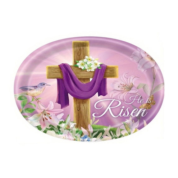 EWSFHUI 50Pcs He is Risen Oval Paper Plates 8.8" X 10.8" Disposable Plates Easter Cross Paper Plates Easter Tableware for Spring Lily Floral Religion Christ Easter Day Party Decorations