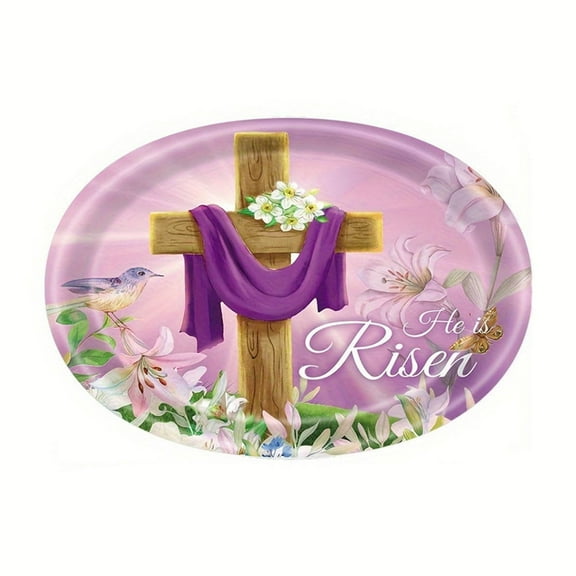 Nmdmisc 50Pcs He is Risen Oval Paper Plates 8.8" X 10.8" Disposable Plates Easter Cross Paper Plates Easter Tableware for Spring Lily Floral Religion Christ Easter Day Party Decorations