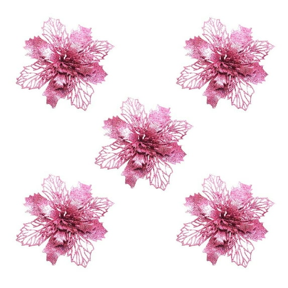 Nmdmisc 5Pcs Glitter Christmas Tree Filler Decorations Set,3.94" Christmas Curly Spray Picks,Christmas Poinsettia Flowers Artificial Twigs for Xmas Party Wreath Table Centerpiece (Pink)