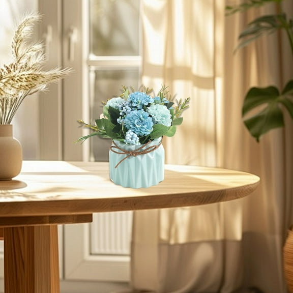 Nmdmisc Artificial Hydrangea Bouquet with Small Ceramic Vase Fake Silk Variety Flower Balls Flowers Decoration for Table Home Party Office Wedding (Blue)