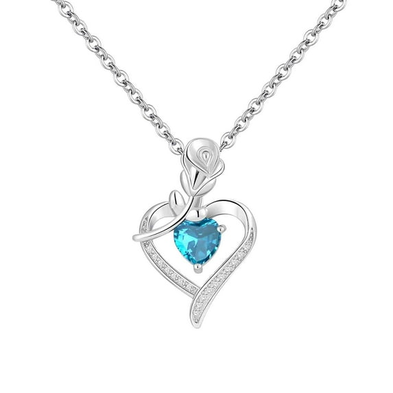 Nmdmisc Birthstone Necklace for Women Sterling Silver Genuine or Created Gemstone Rose Flower Heart Pendant Necklace Anniversary Mother's Day Gifts for Women Mom Wife Her 17.7+2"