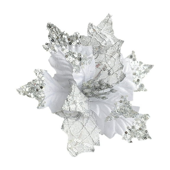 Nmdmisc Christmas Poinsettia Ornaments Picks,Artificial Silk Flower for Christmas Tree Wreath Decoration,7.8 Inch (Silver)