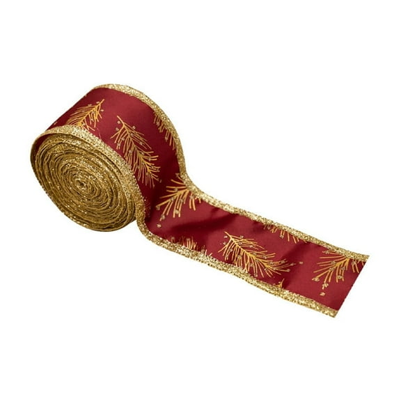 EWSFHUI Christmas Ribbon Wired,Gold Printed Glitter Christmas Tree Ribbons for Crafts Gift Wrapping Wreaths Garland Home Decor - Red(L:16.4" W:1.97")
