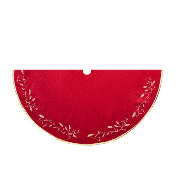Nmdmisc Christmas Tree Skirt, 32 inches Red Luxury Velvet Plush Fur Skirts with Gold Embroidered Holly Leaf for Rustic Xmas Tree Holiday Decorations