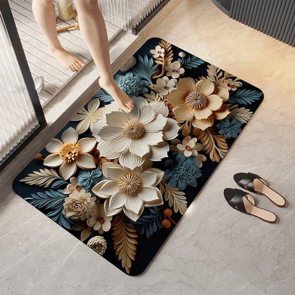 EWSFHUI Diatomaceous Earth Bath Mat,Abstract Dark Flowers in Golden line Non-Slip Volume Super Absorbent Fast Drying for Bathroom Kitchen mat,Eco-Friendly Easy to Clean 16"×24"