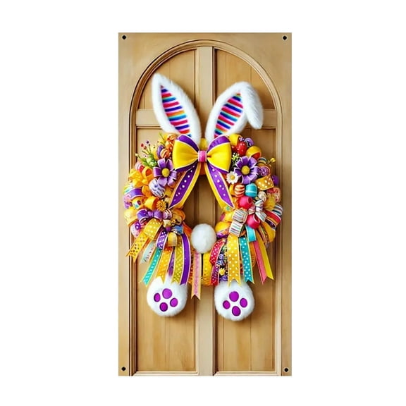 Nmdmisc Easter Bunny Door Banner 71x35 Inch Easter Bunny Door Cover Wreath Egg Easter Door Banner Accessory Hanging Banner Sign Decoration for Happy Easter Party Favors