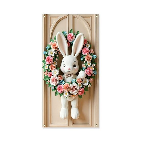 Nmdmisc Easter Bunny Door Cover Banner,71 x 35 Inch,Colorful Eggs Flowers Bunny Wreath Design Backdrop,Spring Door Decoration Outdoor Indoor Party Wall Decor Photo Props for Home