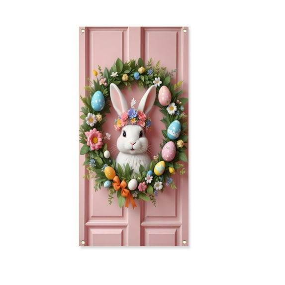 Nmdmisc Easter Bunny Door Cover Banner,71 x 35 Inch,Colorful Eggs Flowers Bunny Wreath Design Backdrop,Spring Door Decoration Outdoor Indoor Party Wall Decor Photo Props for Home