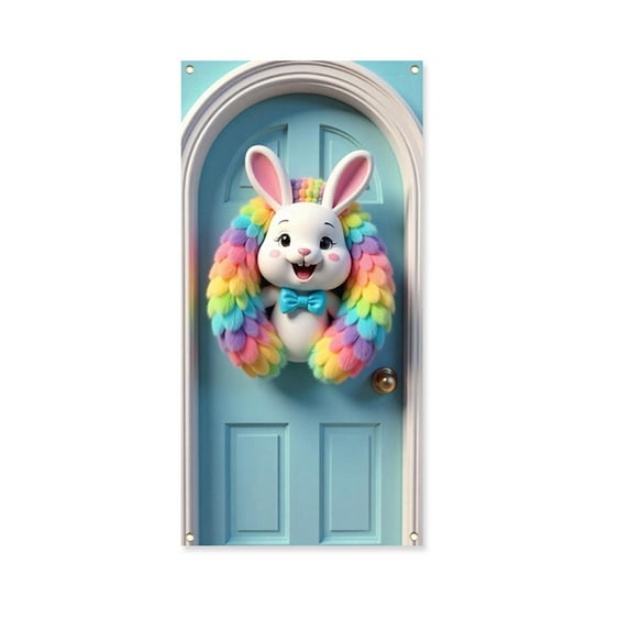 Nmdmisc Easter Bunny Door Cover Banner,71 x 35 Inch,Colorful Eggs Flowers Bunny Wreath Design Backdrop,Spring Door Decoration Outdoor Indoor Party Wall Decor Photo Props for Home