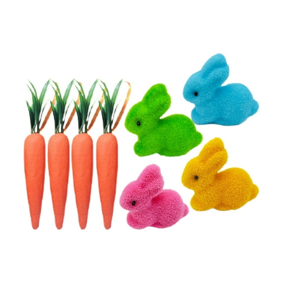 Nmdmisc Easter Rabbit Ornament,Artificial Easter Foam Carrots Pastel Colored Miniature Flocked Bunnies Little Mini Fuzzy Easter Bunny Rabbits Figurines (4Pcs Carrots + 4Pcs Rabbits)