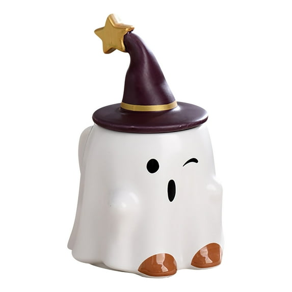 Nmdmisc Halloween Mugs,Mark Cup,450ml Ceramic Ghost Mug with Witch Hat Lid, Cute Coffee Mug for Home Office Halloween Novelty Decoration (Blink Ghost)