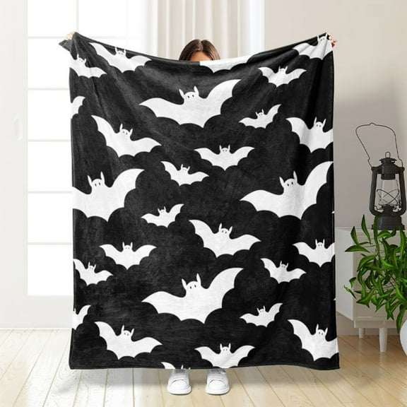Nmdmisc Halloween Theme Bat Throw Blanket 40x30 Inch, White Bat in Black Night Spooky Festival Cozy and Soft Plush Warm Blankets for Bed Couch Living Room Sofa Chair