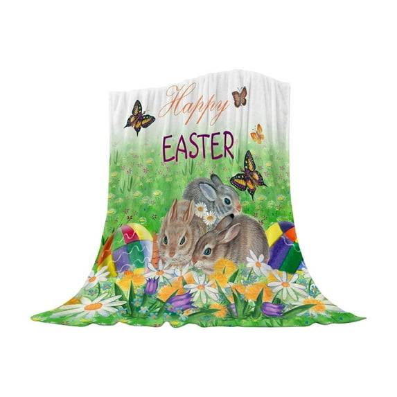 Nmdmisc Happy Easter Blanket Easter Rabbit Bunny Eggs Spring Flower Throw Blanket Soft Lightweight Durable Flannel Fleece Blanket for Bed Sofa Couch Camping Travel 27.5"x39"