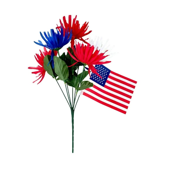 Nmdmisc Patriotic Artificial Flowers Memorial Bouquet Fake Red White and Blue Cemetery Flowers with USA Flags for Grave 4th of July Memorial Day Independence Day Veterans Home