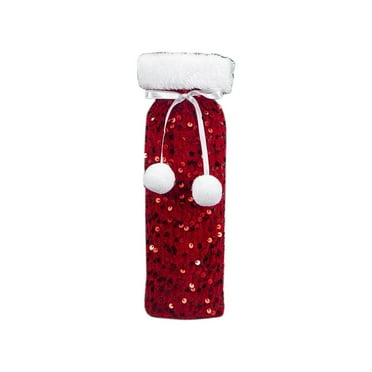 Nmdmisc Reusable Christmas Wine Bottle Covers,Handmade Knit sequin cloth woven Drawstring champagne wine gift Bags for Xmas Dinner Party Table Decorations,Red