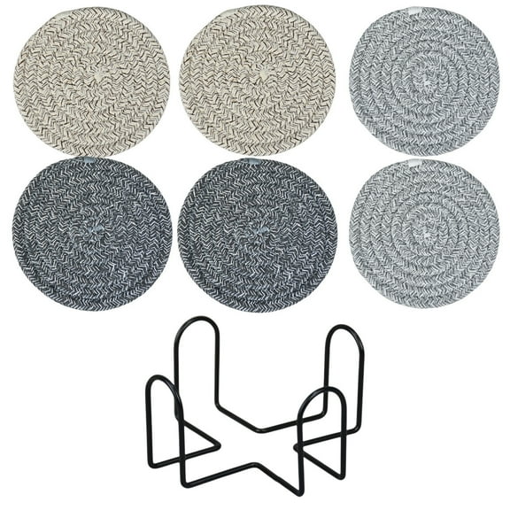 Nmdmisc Trivets for Hot Pots and Pans - Kitchen Discovery 4.4" Cotton Gauze Trivets - Set of 6 Woven Pot Pads with one Bracket for Serving Hot or Cold Dishes and Protecting Your Table