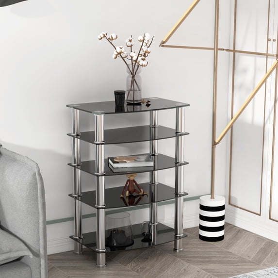 Nmkwnr 5 Tier Tempered Glass Side Table, Stainless Steel Frame End Table for Living Room, Bedroom, Office, Black