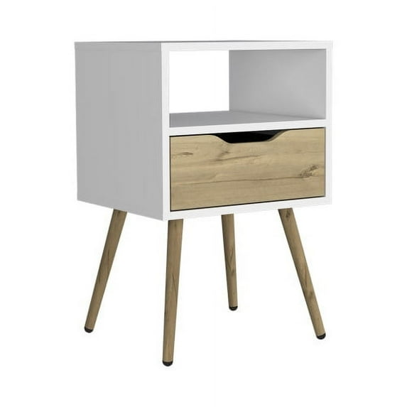 Nmkwnr 1 Drawer Nightstand with 1 Open Shelf for Home, Bedroom, White + Light Brown