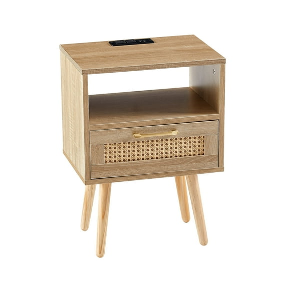 Nmkwnr 1 Drawer Rattan Nightstand End Table with Power Outlet & USB Ports