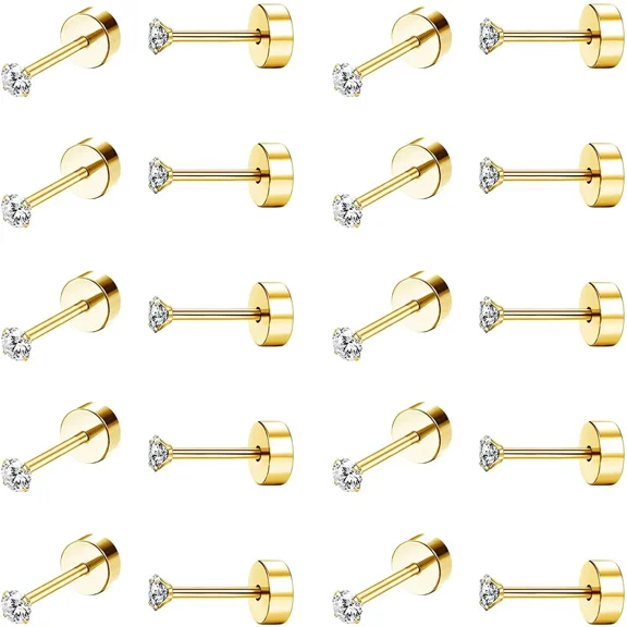 Nmkwnr 10 Pairs 14K Gold Plated 316L Steel Stud Earring Set Screw Flat Back Stud Earrings Round Cubic Zirconia for Women Men, Gold