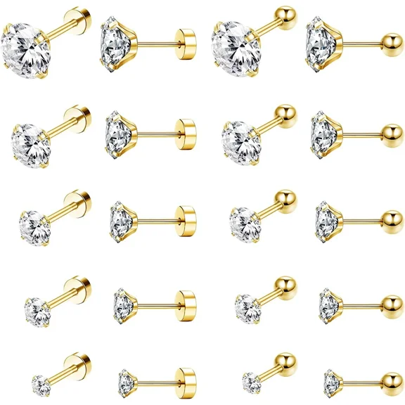 Nmkwnr 10 Pairs 14K Gold Plated Stud Earring Set Round Cubic Zirconia Stud Earring 316L Steel Earrings for Men Women