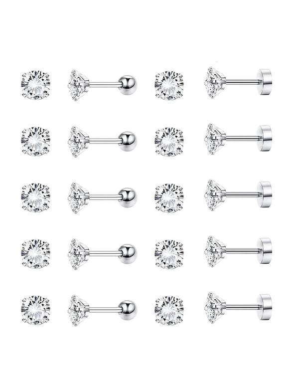 10 Pairs 316L Stainless Steel Earrings Round Cubic Zirconia Stud Earring Screw Flat Back Ear Stud Set for Women Men, Silver, 6mm