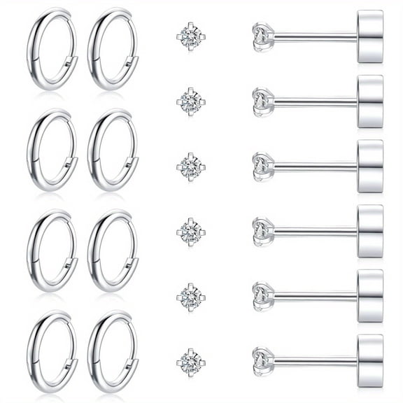 Nmkwnr 10 Pairs 316L Stainless Steel Hoop Earrings Flat Back Earrings Studs Round Cubic Zirconia Stud Earrings Set for Women