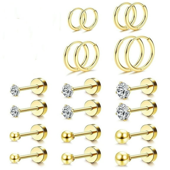Nmkwnr 10 Pairs 316L Stainless Steel Hoop Round Ball Earrings Cubic Zirconia Stud Earrings Flat Back Earrings for Women, Gold