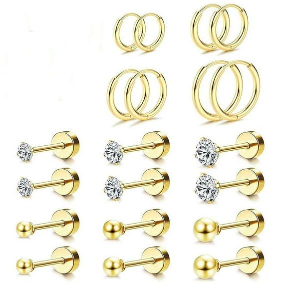 Nmkwnr 10 Pairs 316L Stainless Steel Hoop Round Ball Earrings Cubic Zirconia Stud Earrings Flat Back Earrings for Women, Gold