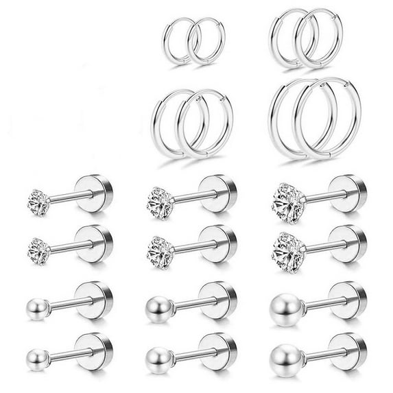 Nmkwnr 10 Pairs 316L Stainless Steel Hoop Round Ball Earrings Cubic Zirconia Stud Earrings Flat Back Earrings for Women, Silver