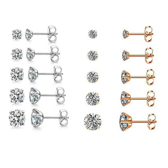 Nmkwnr 10 Pairs Earring Set 316L Stainless Steel Earrings 2-6mm Round Cubic Zirconia Stud Earrings for Women, Silver+Rose Gold