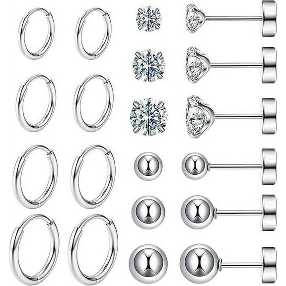 Nmkwnr 10 Pairs Lightweight 316L Stainless Steel Hoop Earrings for Women Men, Flat Back Ball Stud Earrings Cubic Zirconia Earrings Set, Silver