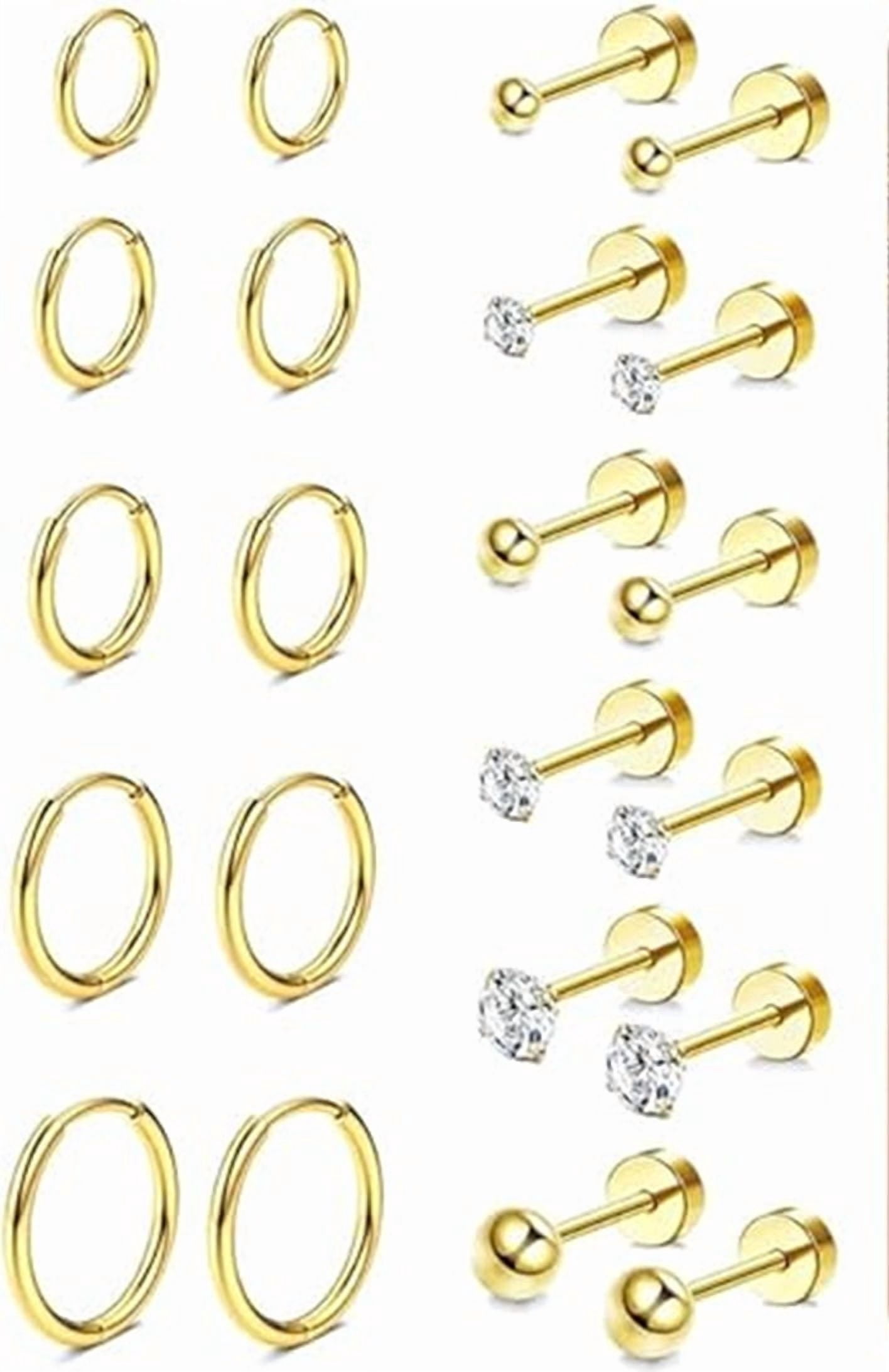 Nmkwnr 11 Pairs Flat Back Stud Earring Lightweight Hoop Earrings 316L Stainless Steel Stud Earrings for Women Men, Gold