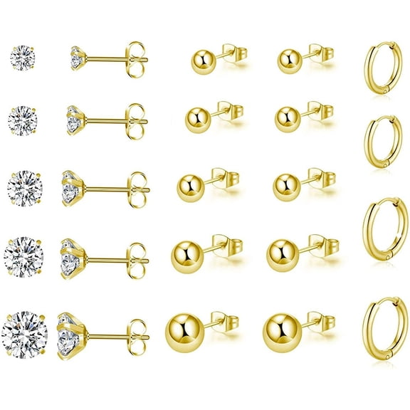Nmkwnr 12 Pairs 316L Stainless Steel Hoop Earrings Ball Earrings Round Cubic Zirconia Stud Earrings for Women, Gold