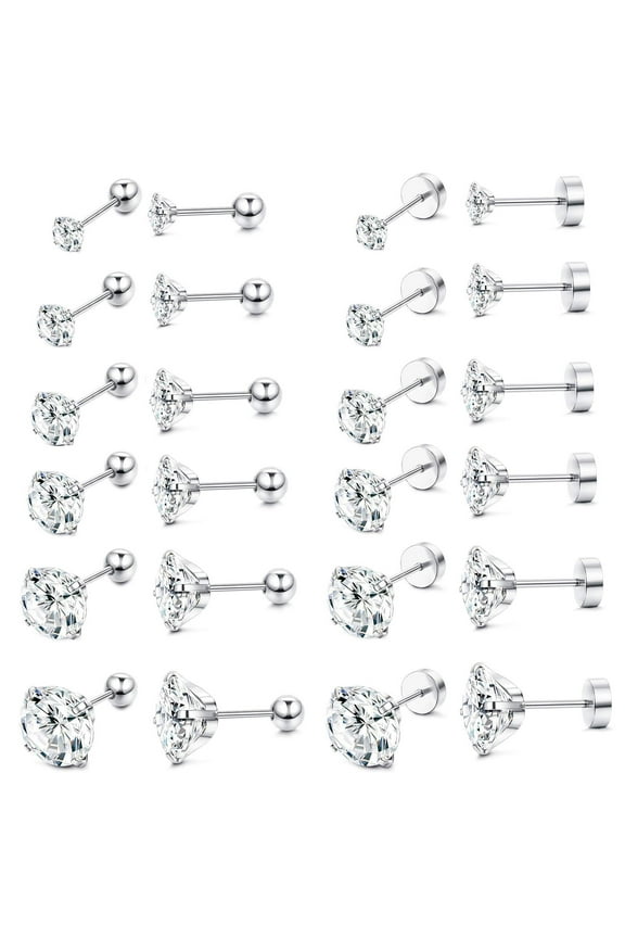 12 Pairs Round Cubic Zirconia Ball Earrings Studs 316L Stainless Steel Earrings Flat Back Stud Earrings for Women, Silver