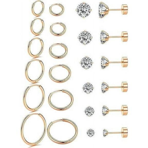Nmkwnr 12 Pairs Round Cubic Zirconia Stud Earrings 316L Stainless Steel Hoop Earrings Flat Back Stud Earrings for Women Men, Rose Gold