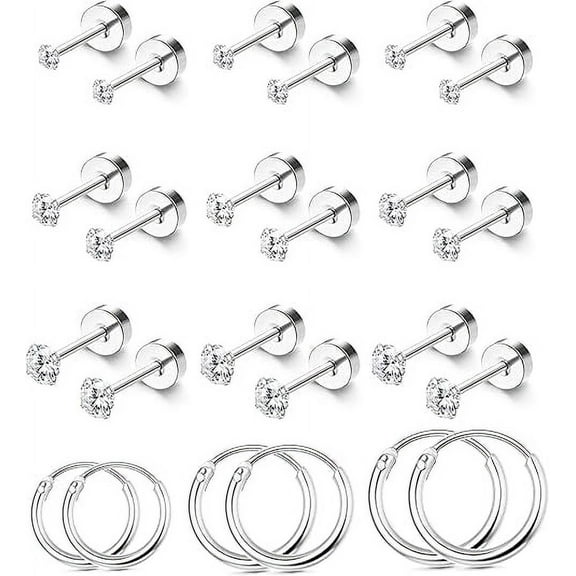 Nmkwnr 12 Pairs Round Cubic Zirconia Stud Earrings 316L Stainless Steel Small Hoop Earrings Flat Back Stud Earrings for Women Men, Silver