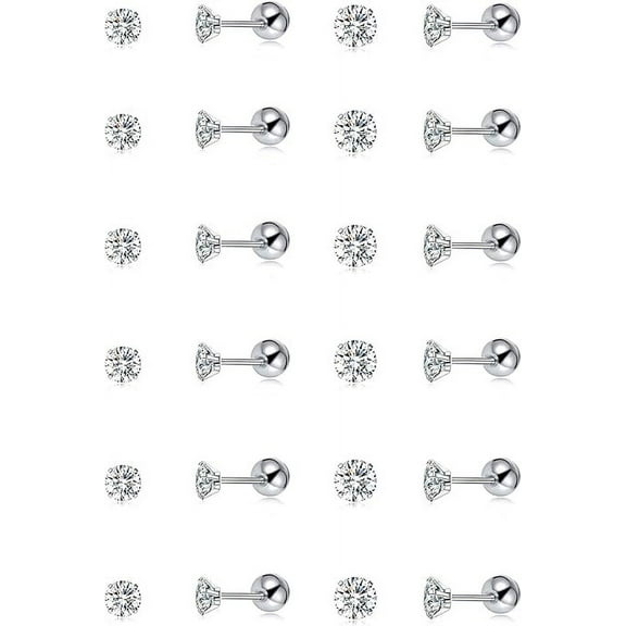 Nmkwnr 12 Pairs Round Cubic Zirconia Stud Earrings 316L Stainless Steel Stud Earrings for Men Women, 2mm-3mm