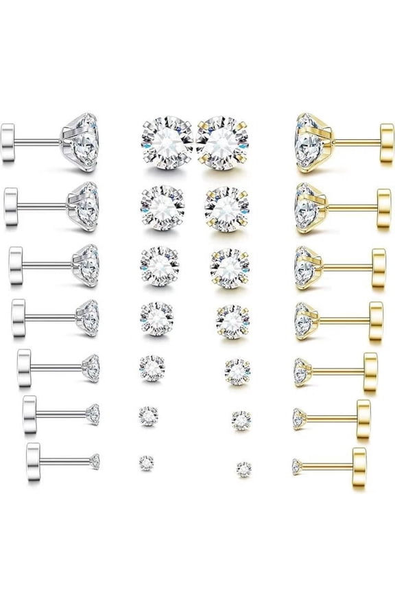 14 Pairs 316L Stainless Steel Earrings Round Cubic Zirconia Stud Earrings Flat Back Stud Earrings for Women Men, Silver+Gold